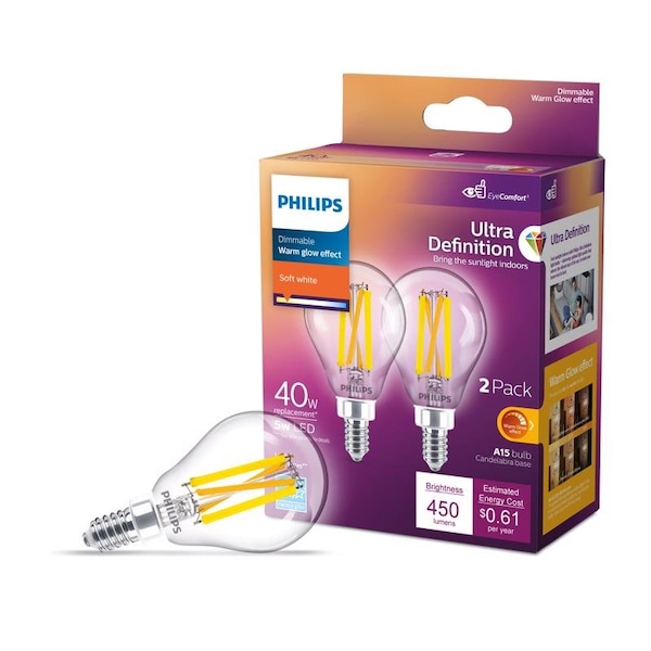 Philips Philips Ultra Definition A15 E12 (Candelabra) LED Bulb Soft White 40 Watt Equivalence 2 pk 564450 - main